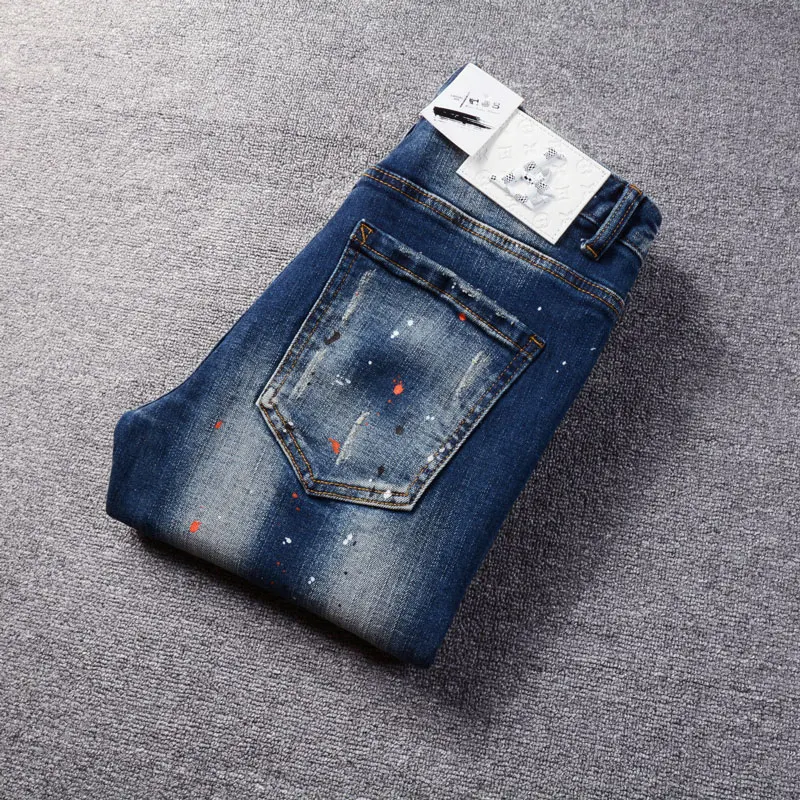Джинсы мужские Стрейчевые в стиле ретро модные рваные джинсы Slim Fit винтажные