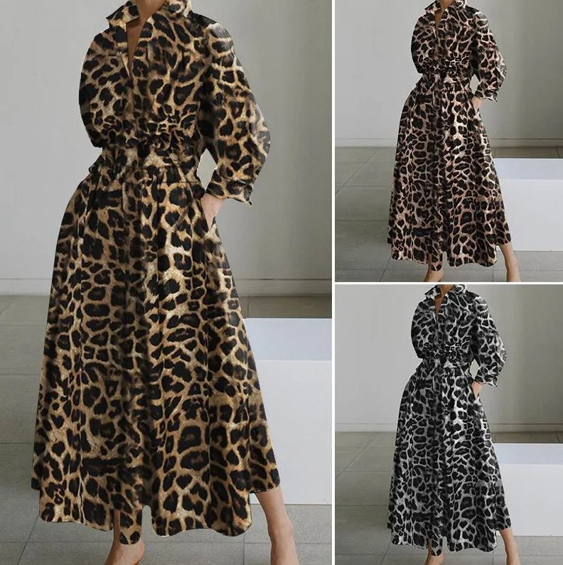 

Fashion Women's Dress 2023 Loose Cotton Linen Leopard Print Elastic Elegant Temperament Wind Shirt Cardigan Dress