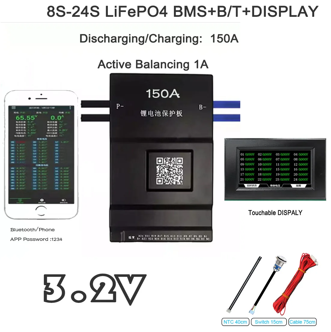 

TOPBMS LiFePo4 3.2V 8S 12S 15S 16S 20S 21S 23S 24S Active Balancing 1000mA Bluetooth RS485 CAN Discharge 150A Peak 300A Ebike