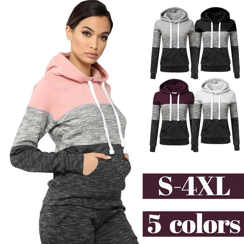 Women's Patchwork Hoodies 3 Colors Solid Long Sleeve Fleece Tops Casual Streetwear Tracksuit Clothing Female Rib Cuff