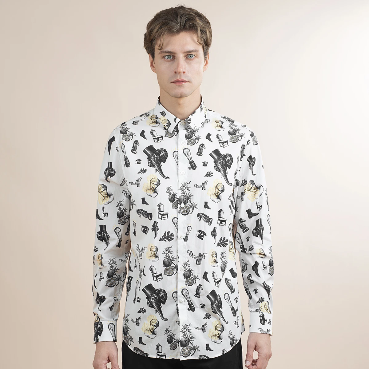 HELLEN&WOODY Spring Summer Mens Casual Abstract Print Shirt Long Sleeve Holiday Travel Shirts Fashion Cotton Blend Slim-fit Clot