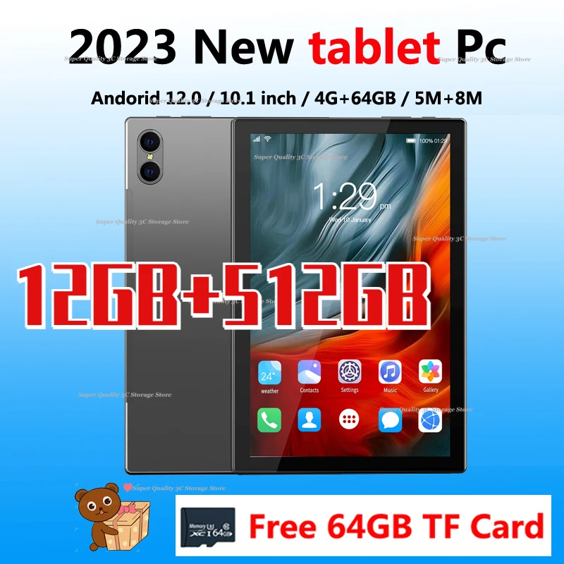 

Hot Sale 10.1 Inch 2023 Android 12.0 Tablet PC 12G+512GB+Free Gift 64GB TF Card Tablet 4G Call phone WIFT Online Class Tablet