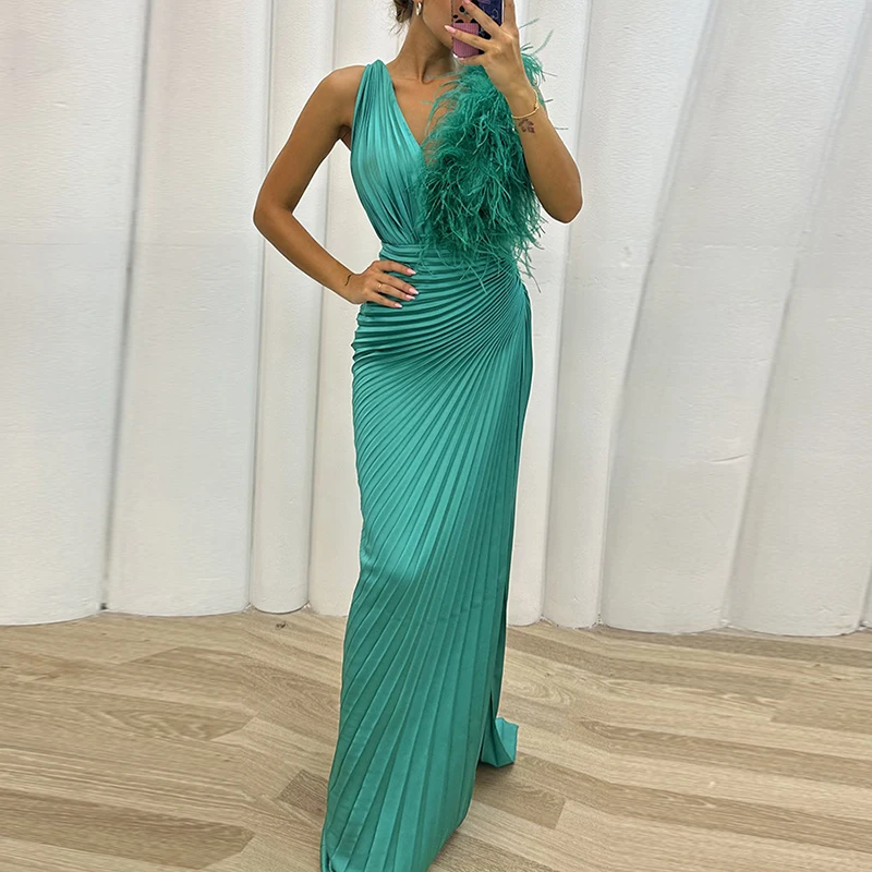 

Элегантное лоскутное банкетное платье с перьями, сексуальное облегающее платье без рукавов с глубоким V-образным вырезом, новое однотонное длинное платье со складками