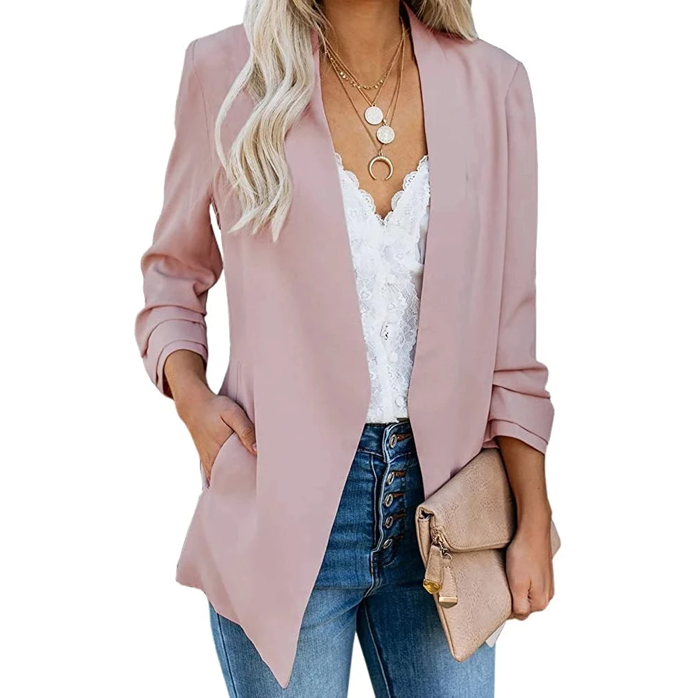 

Женский Повседневный блейзер с рюшами и рукавом 3/4, легкий офисный кардиган с открытой передней частью, блейзеры