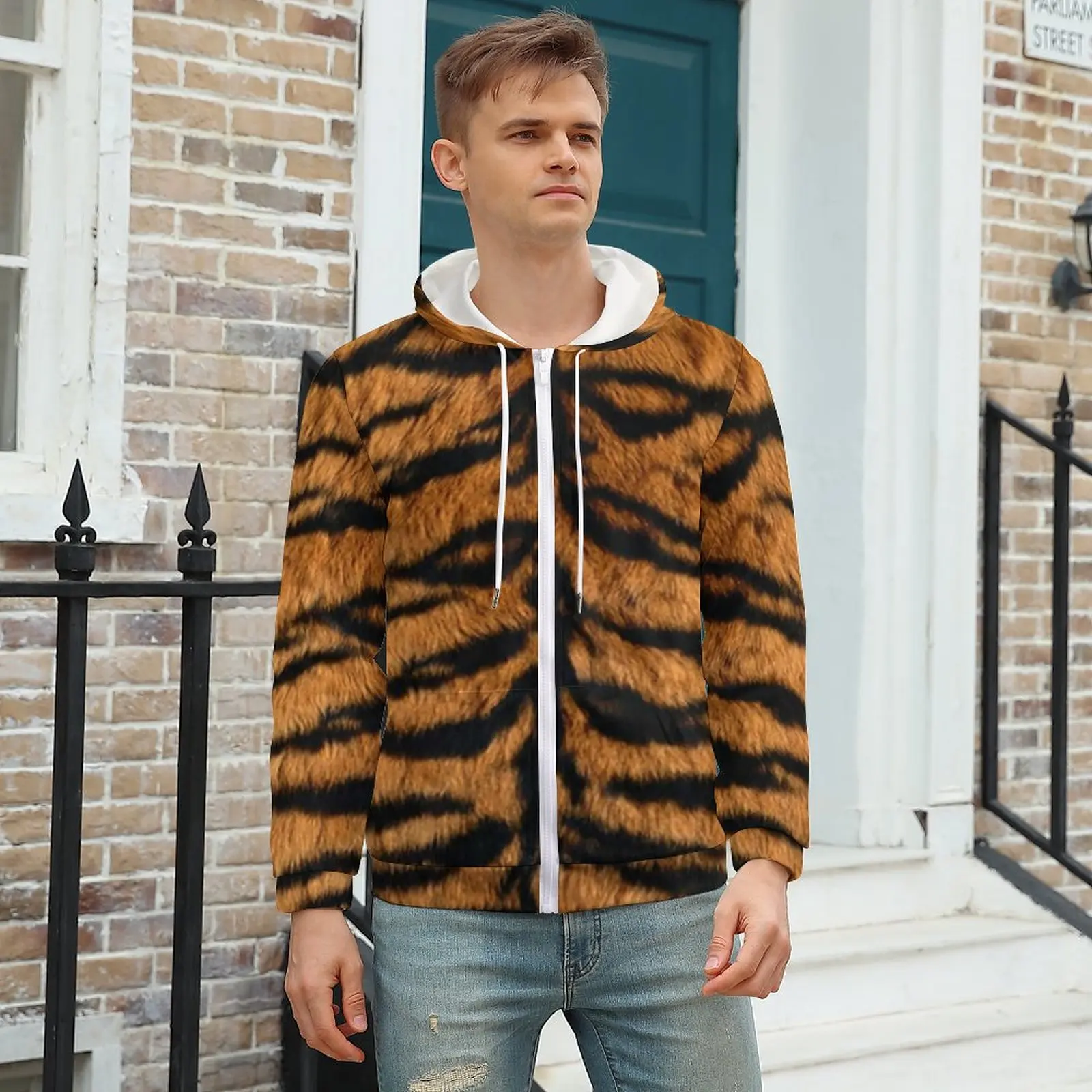 

Unique Tiger Print Hoodies Wild Animal Fur Winter Polyester Hoodie Outdoor Zip Up Hoodie For Man Plus Size