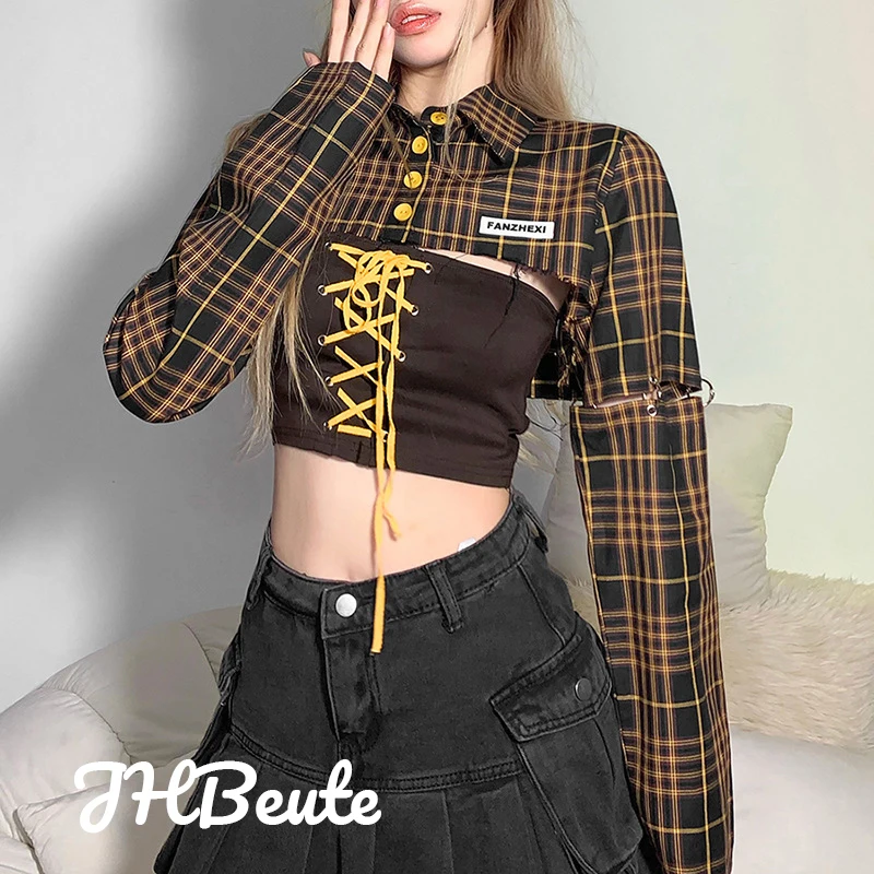 

2022 New Women Clothing Fashion Vintage Stitch Plaid Print Y2K Lacing Streetwear Short Tops Retro Autumn Ladies Slim Sexy Blouse