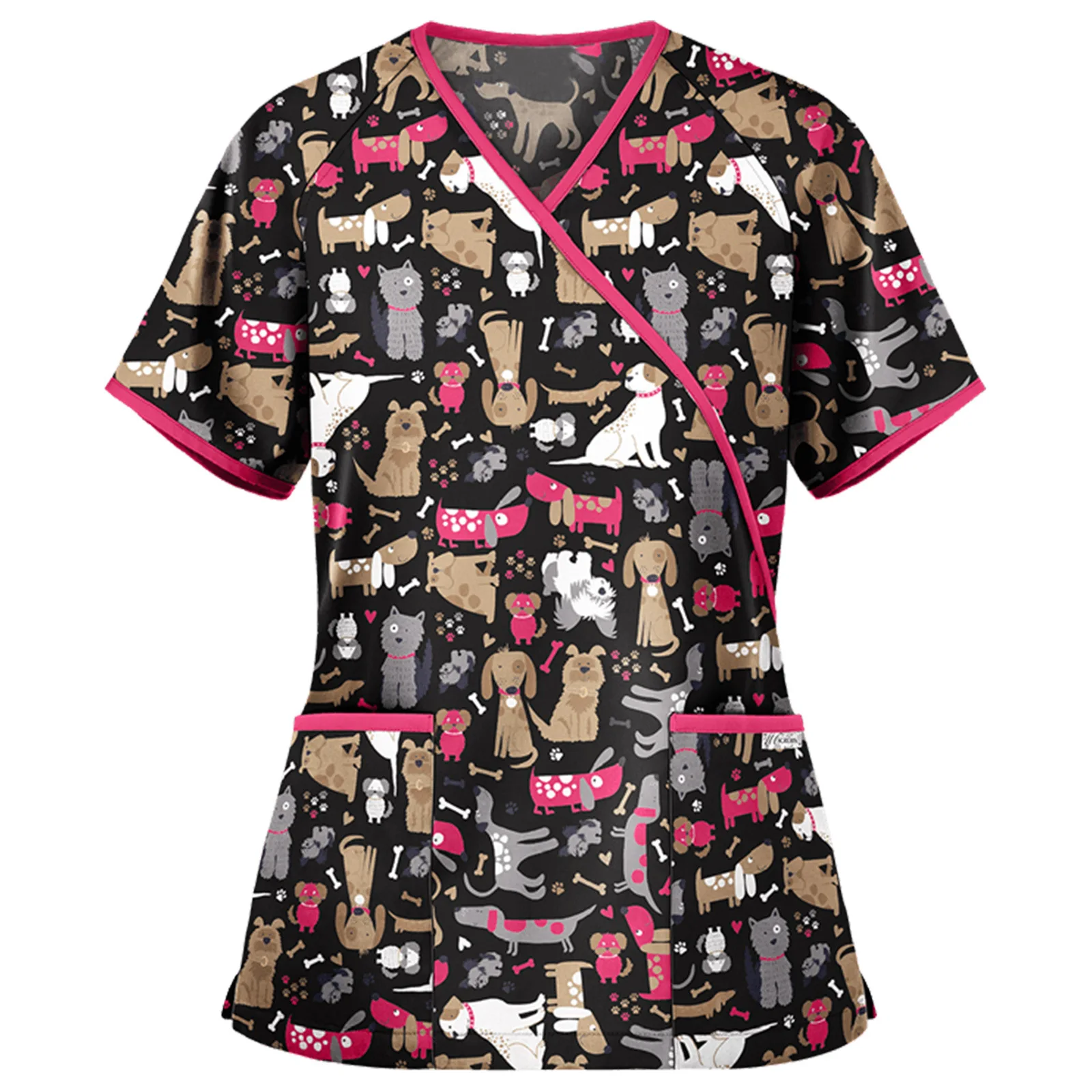 

2022 Women Cartoon Dog V Neck Tops Nurse Uniforms Woman Summer Short Sleeve T-Shirt Medical Uniforms Women Pet Store Working