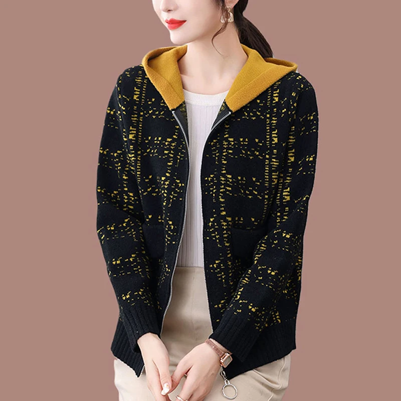 

Spring Autumn Mink Fleece Sweater Knitt Jacket Female Fashion Loose Cardigan Sweater Short Jacket Hooded Zipper Thick Sweater