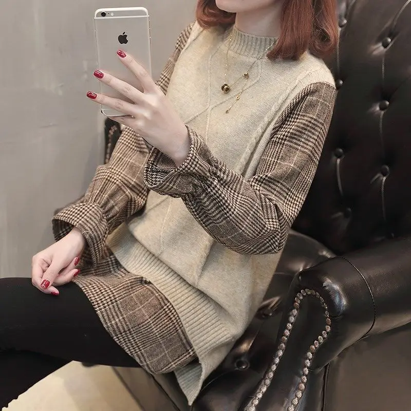 

Sweaters Women Patchwork Plaid Flare-sleeve Pullovers Korean-style Loose Fake Two Pieces Knitted Sweater Trendy Casual E70