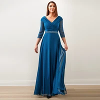 teal blue mother of the bride dresses v neck a line 34 long sleeves beading chiffon plus size mother formal evening prom gowns
