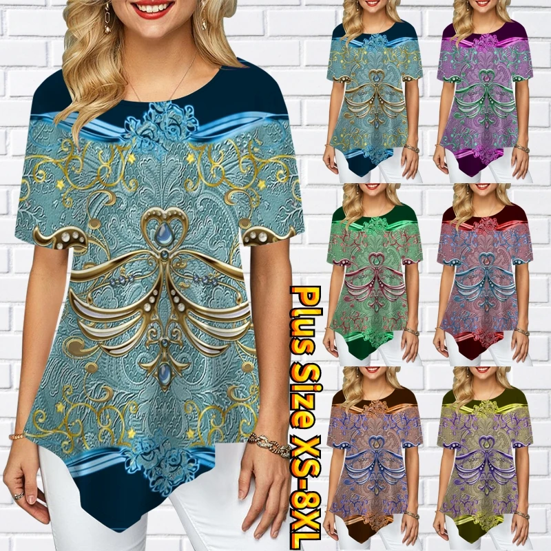 

2022 Summer Women Print Short Sleeve T-shirt Street Wear Daily Outdoor T-shirt Round Collar Loose Comfortable Temperament Tops