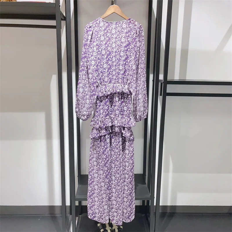 

Women V-Neck High Waist Ruffle Mid-Length Dress Long Sleeve Casual A-Line Female Flower Print Elegant Robe 2023 Summer New