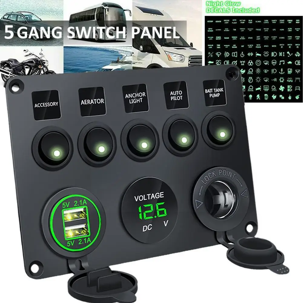 

Boat Switch Panel Car Switch Panel Waterproof Digital Marine Outlet Port 12V Voltmeter Rocker 5 LED Gang USB Combination Du S1V4