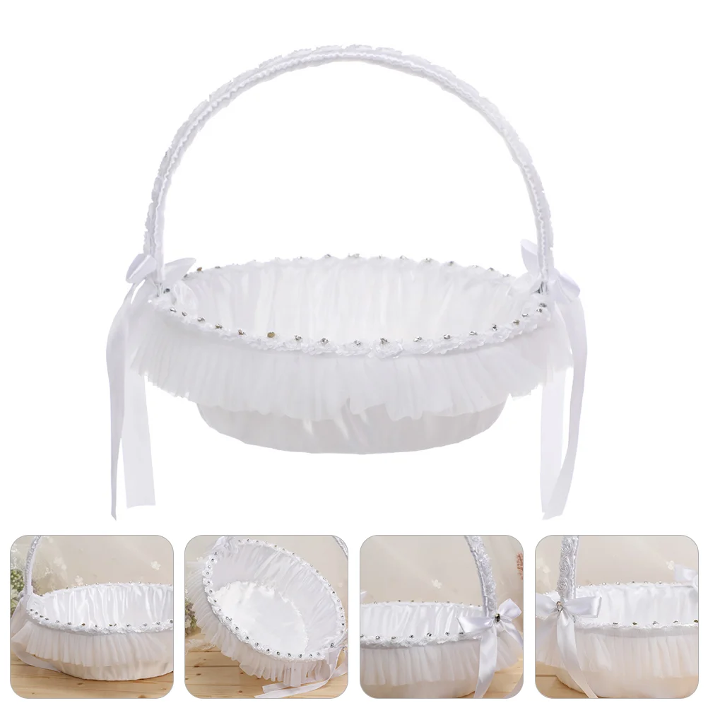 

White Wedding Flower Basket Lace Hand-Held Basket Flower Children Basket Portable Delicate Flower Baskets Party Supplies