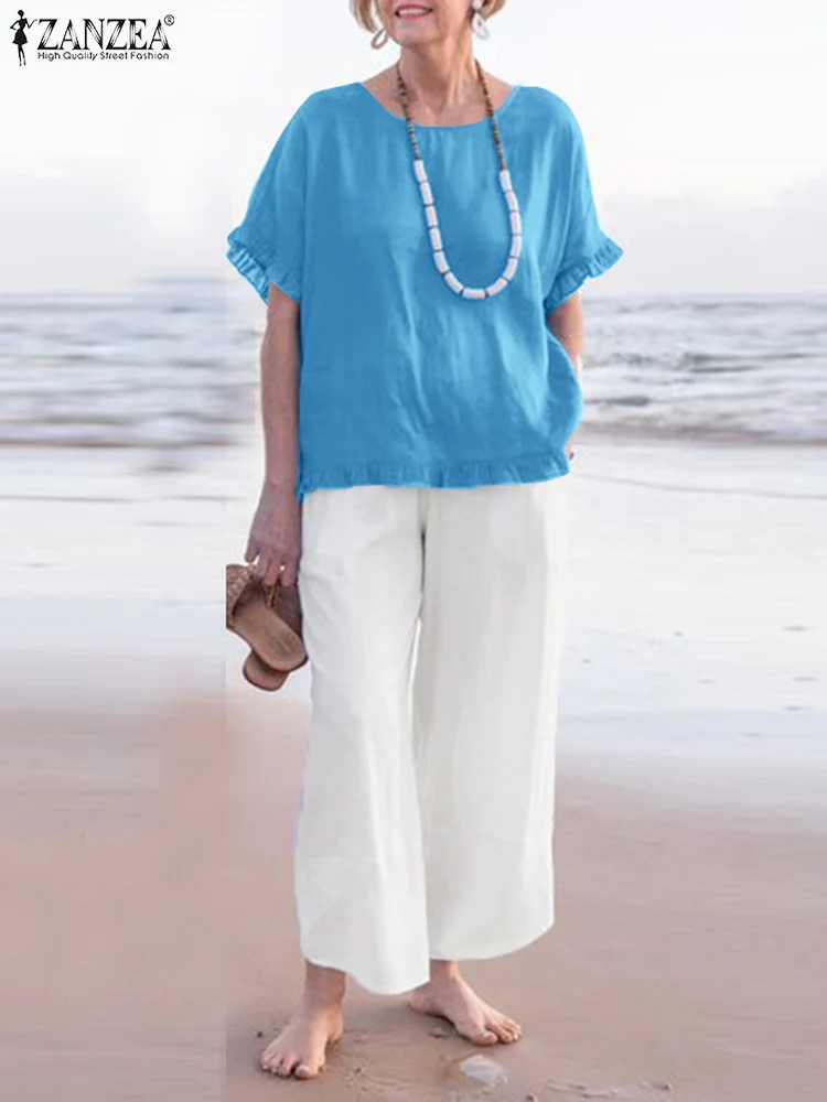 

2PCS Women Short Sleeve Blouse Pant Sets ZANZEA Fashion Summer Wide Leg Trousers Suits Urban Tracksuit Solid Loose Matching Sets