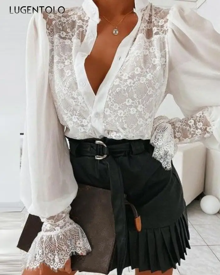 

Женские кружевные рубашки, белые модные темпераментные топы, женские белые однотонные шифоновые тонкие летние блузки