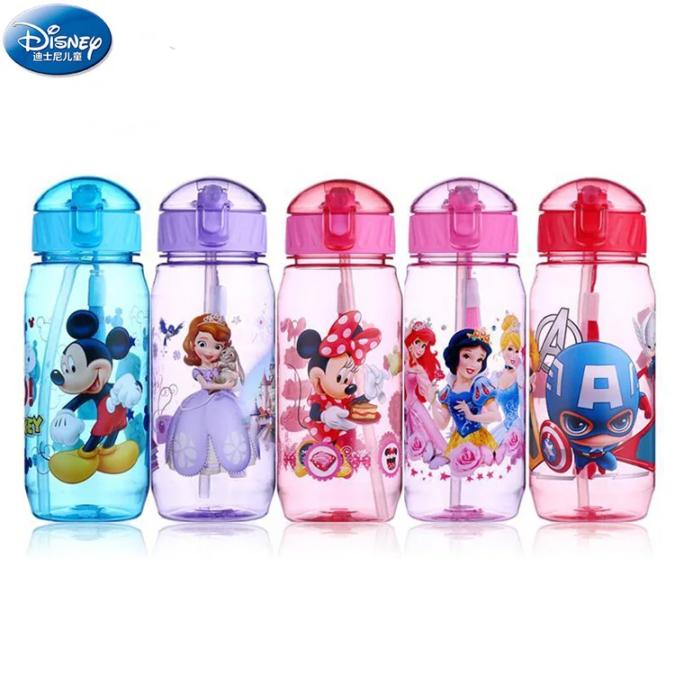 

girls Cartoon princess Mickey Minnie Mouse water cups With straw boys disney student outdoor Drinking water bottle kids gift
