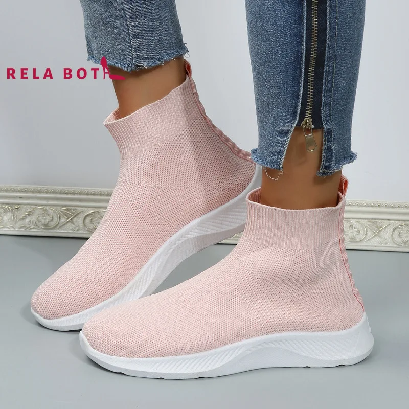 

High Top Shoes 2022 Fly Woven Socks Shoe Thick Sole Sports Wind Casual Shoe Women Sneakers Round Head Net Pure Color Fly Weaving