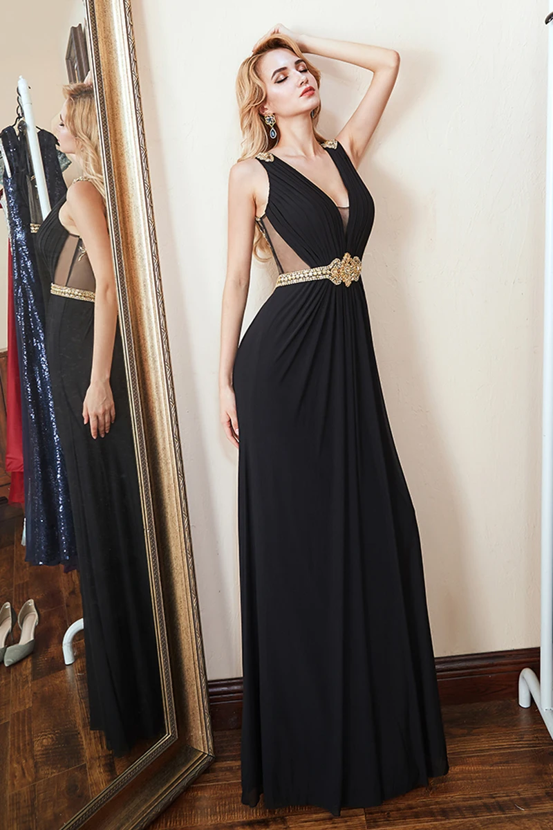 

Loyeloy Black Prom Dresses Gold Luxury Lace Beads Back Deep V-neck A-line Prom Dresses Beads Handmade Custom