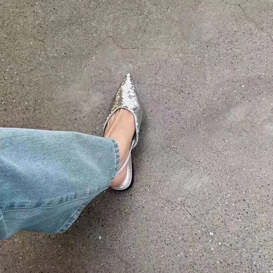 

Sandals for women with a new 2023 pointed flat bottom handmade sequined women's shoes