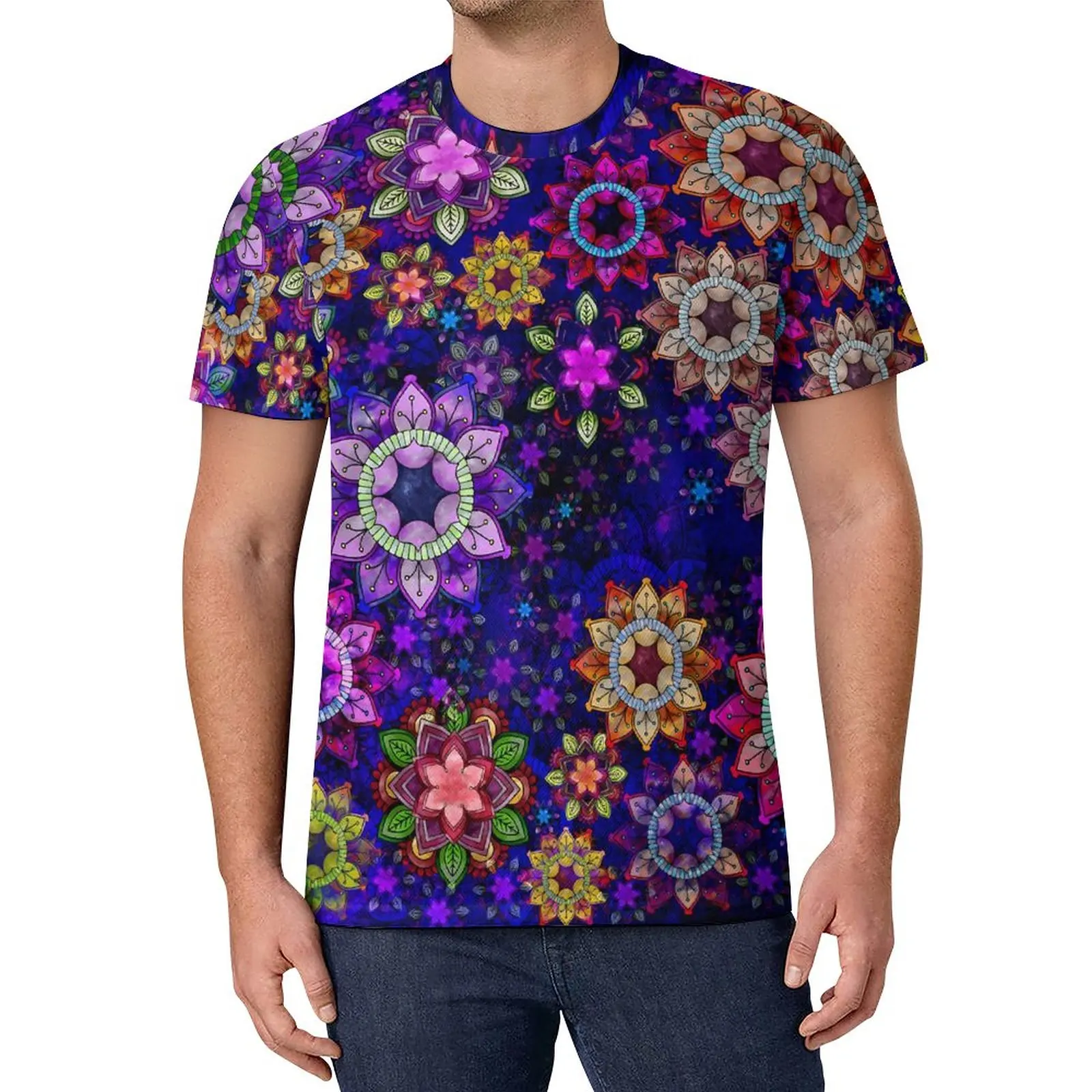 

Watercolor Mandala T Shirt Retro Floral Print Street Style T-Shirts Hip Hop Tee Shirt Men Custom Tees Big Size 5XL 6XL