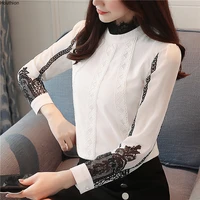 silk womens blouses chiffon o neck casual new korean lace long sleeve top fashion solid spring lady clothing houthion