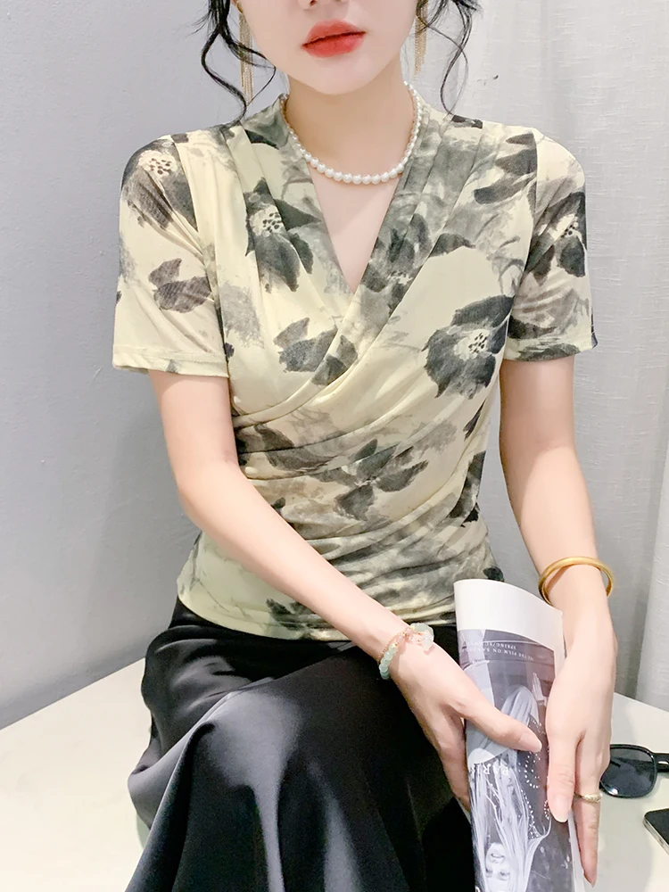 Топ с принтом в стиле ретро женский летний сексуальный топ v-образным вырезом и