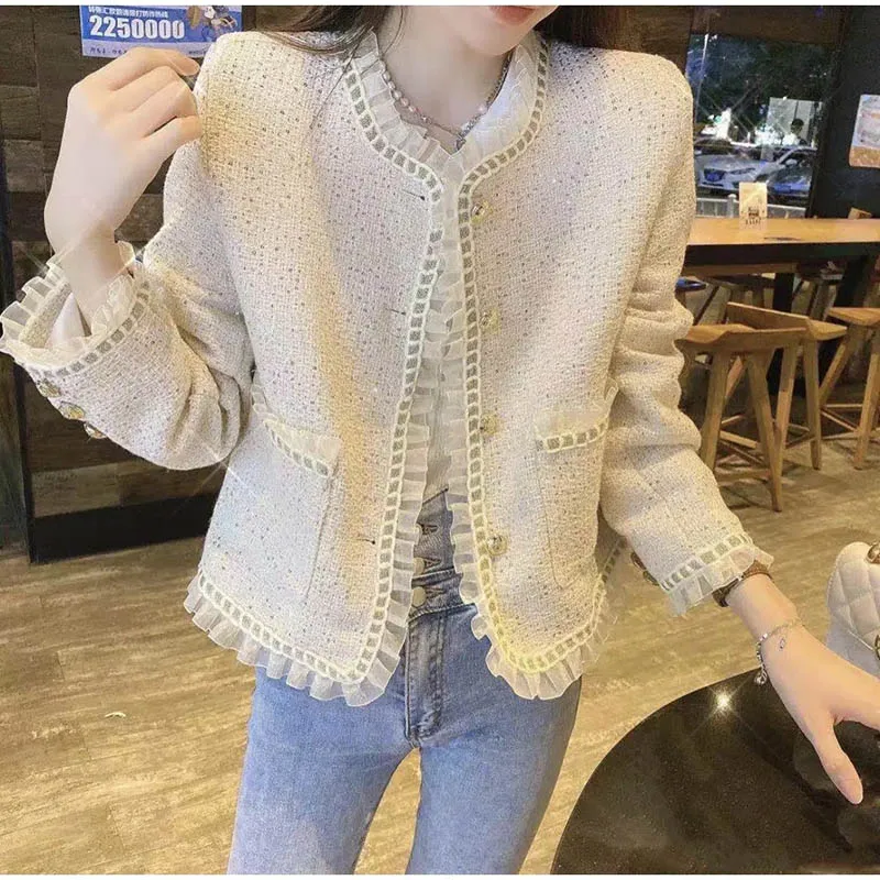 Spring And Autumn Trendy Temperament, Small Fragrance Jacket, Retro Twill Round Neck Ruffle Jacket, Elegant And Lovely Mesh Sewn