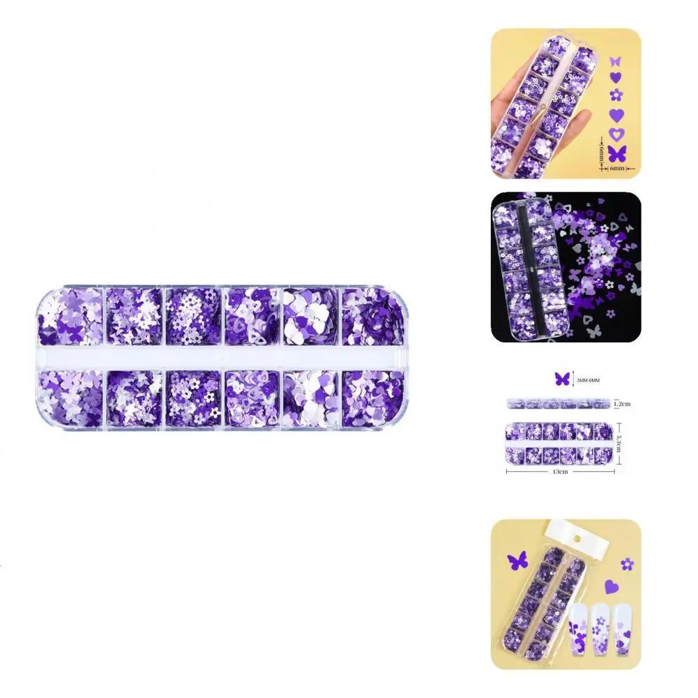

12 Grids Boxed Compact Stylish Purple Plum Blossom Fingernail Decoration for Girls Nail Sequins Manicure Sequins