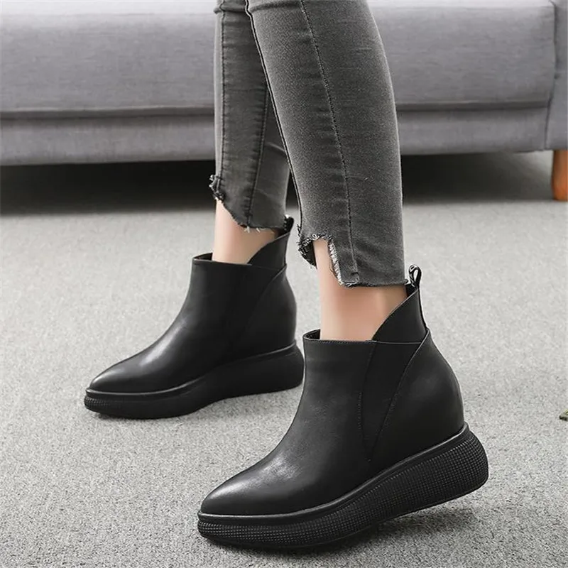 

Newest Fashion Ankle Boots Winter Pointed Toe Boots Quality Leather Platform Boots Elastic Band Autumn Ladies Boots Size 34-39