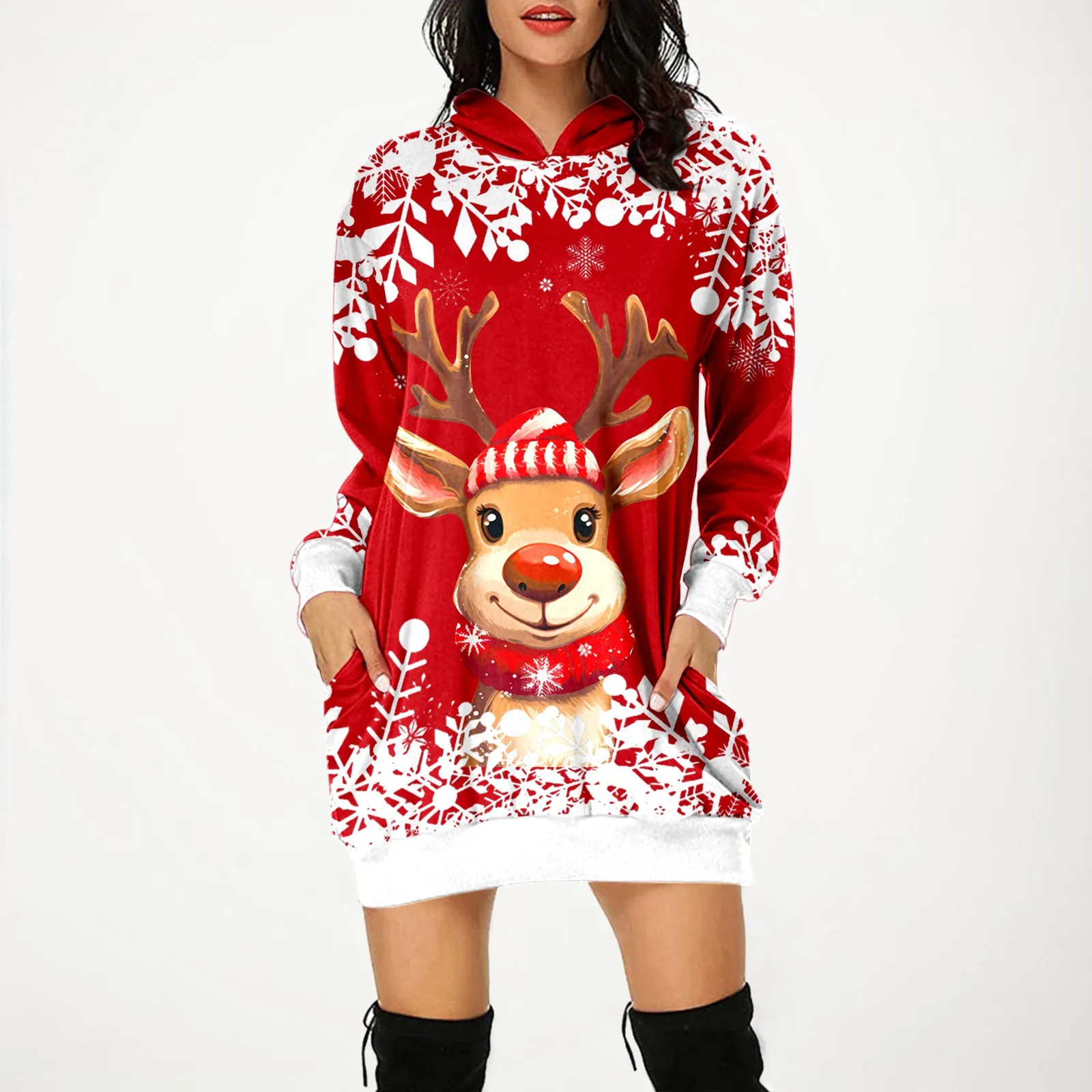 Новогодние толстовки с капюшоном длиной миди 2024 рождественский свободный