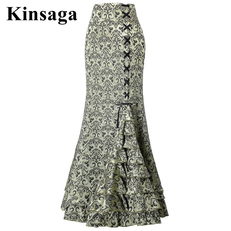 

Vintage Jacquard Floral Punk Mermaid Long Skirt High Waist Lace Up Bandage Pleated Ruffles Flare Medieval Skirt Gothic 90's Girl