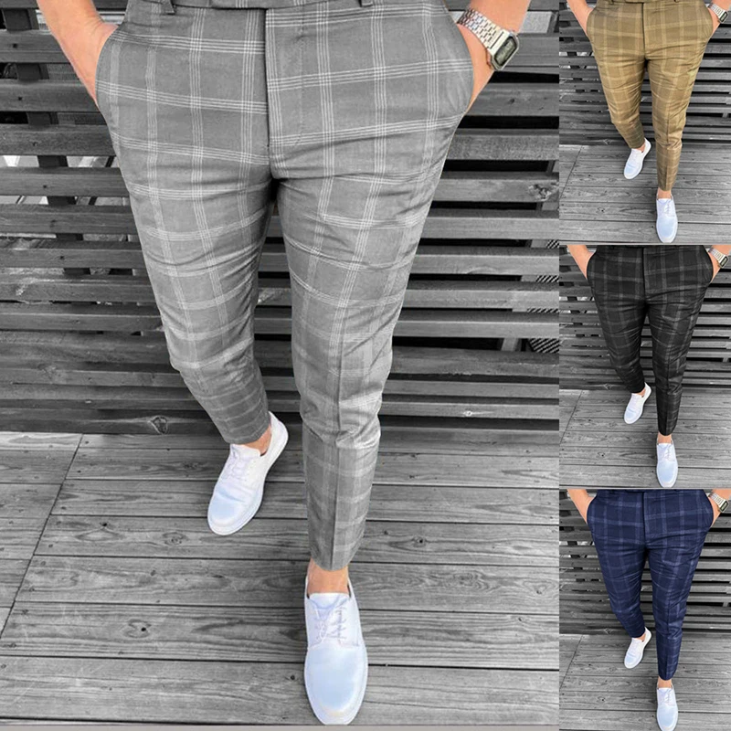 

Spring Fashion Men's Wear Plaid White Stripe New Business Casual Pants Slim Fit Pocket Button Pants Male Clothing Trousers
