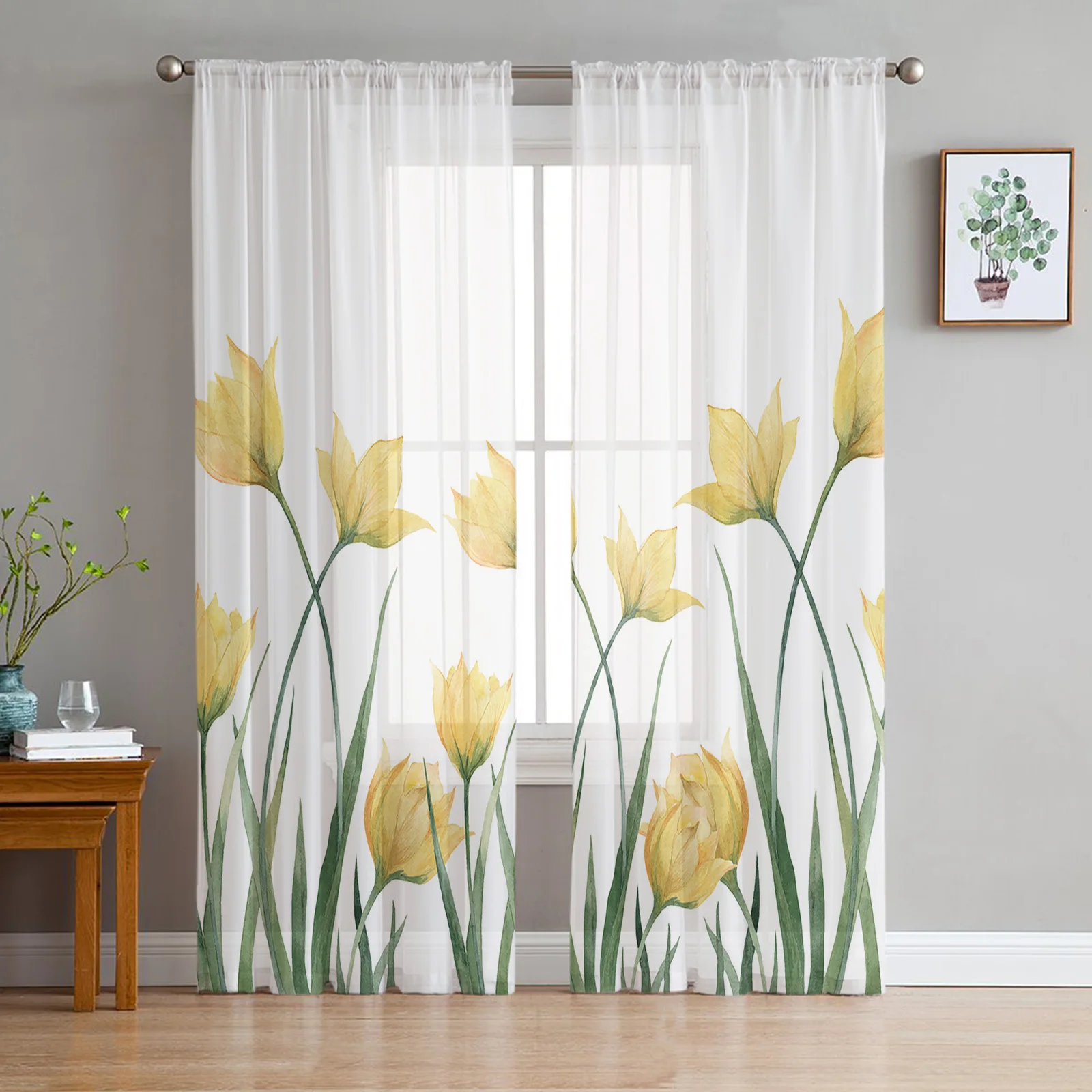 

Yellow Tulip Flower Tulle Sheer Window Curtains for Living Room the Bedroom Modern Voile Organza Decorative Curtains Drapes