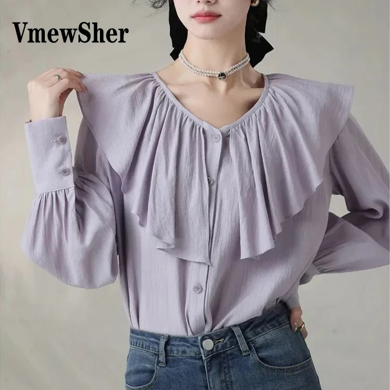 

VmewSher Spring Women Shirt Big Ruffles Collar Top Chic Long Sleeve Retro Blouse Buttons Up Lady Elegant OL Casual Shirts White