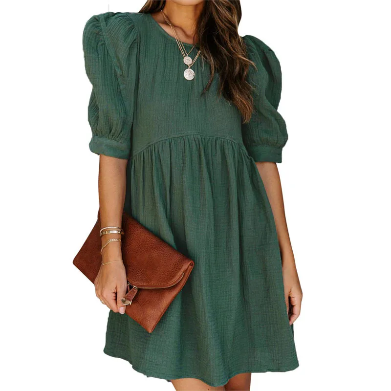 

Casual Fashion Short Sleeve Dress 2022 Summer New Loose Bubble Sleeve Solid Dress Women Clothing Elegant Dresses Vestidos 20157