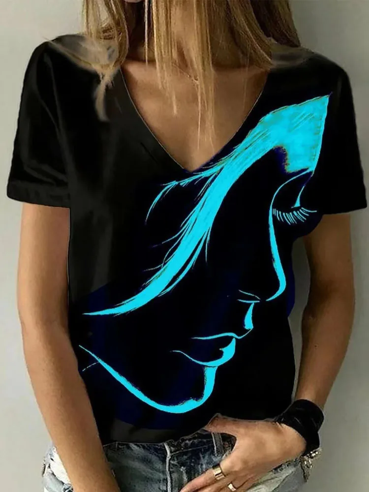 

Women Fashion Commuter Summer Short Sleeve T Shirt Blusas Vintage 3D Abstract Face Print Blouse Shirt Sexy V Neck Top Pullover