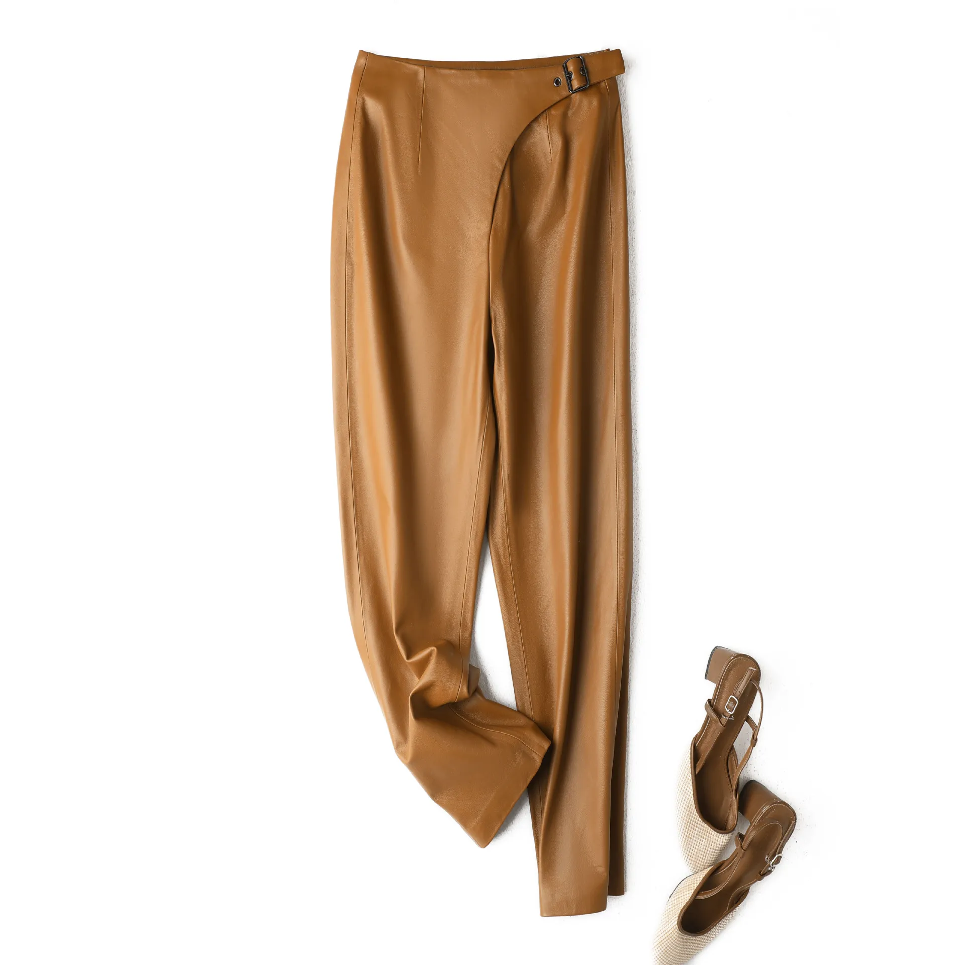 2023 Women New Asymmetric Design Side Buckle Casual Pants Full Panel Genuine Leather Pants E33