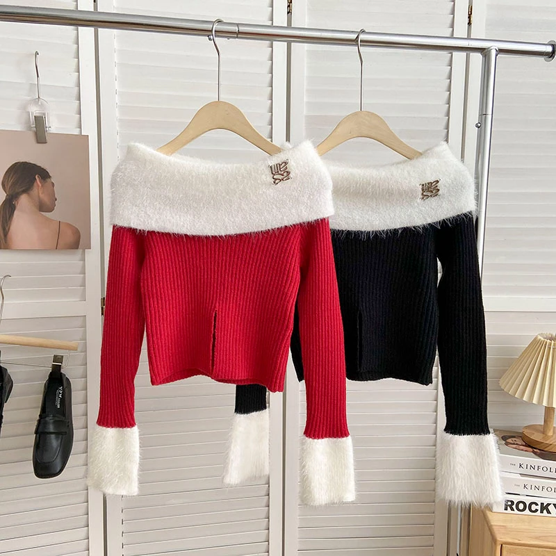 

Knitted Sweater Korean Style Women Boat Collar Split Sweaters Short Pullover Female Casual Ladies Slim Fit Clothes Dropshipping