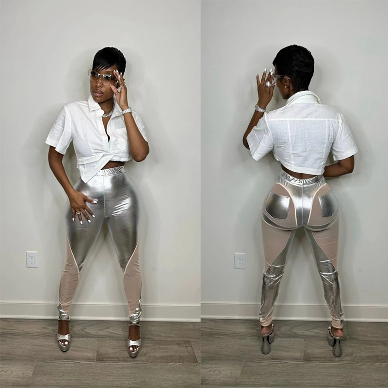 

Wishyear High Waist See Through Push Up Tight Pencil Pants Women Streetwear Leggings Sheer Mesh Patchwork PU Faux Leather Pants