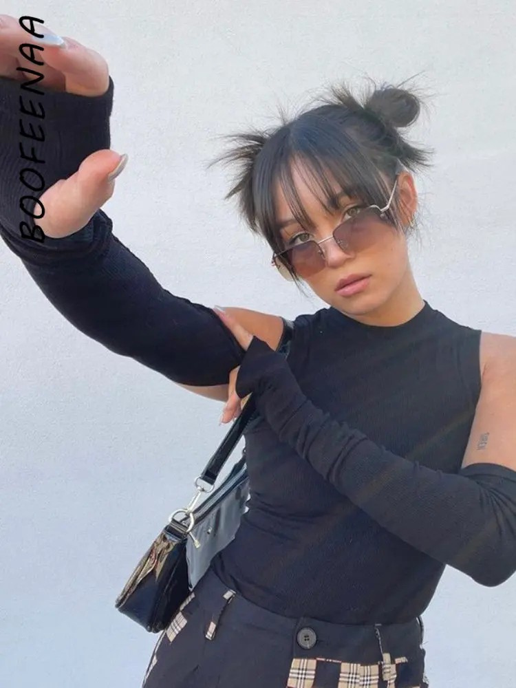 

BOOFEENAA Sexy Black Knitted Bodysuit with Sleeves Cyber Y2k Rave Festival Top 2023 Bodycon Jumpsuit Bodys Para Mujer C70-BE18