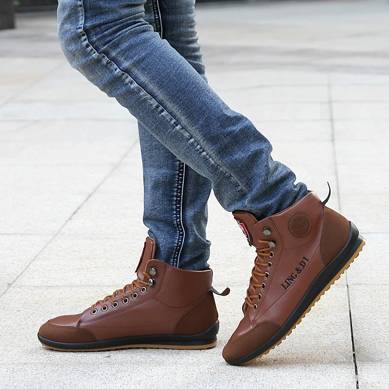 Fashion Men's PU Leather Boots Casual Spring Autumn Lace Up High Top Flat Sports Shoes 3 Color Walking Shoes