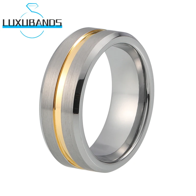 

Tungsten Wedding Ring For Men Wemen Beveled Edges Blue Gold Center Grooved Engagement Brushed Finish High Quality Comfort Fit