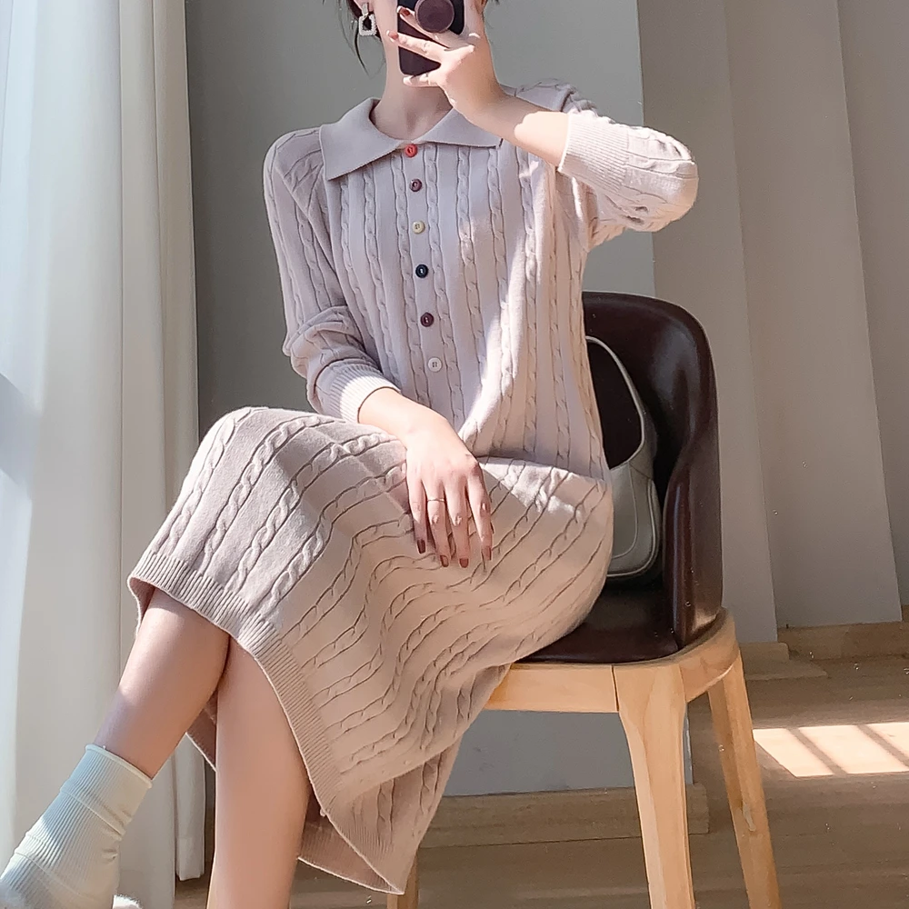 

Polo Collar Button Sweater Dress Loose Women Casual For Female Elegant Full Sleeve Knitted Midi Dresses 2023 Autumn Spring F801e