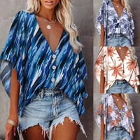 summer womens blouses 2022 fashion flower loose vintage tees button v neck sexy casual short sleeve tops shirts streetwear