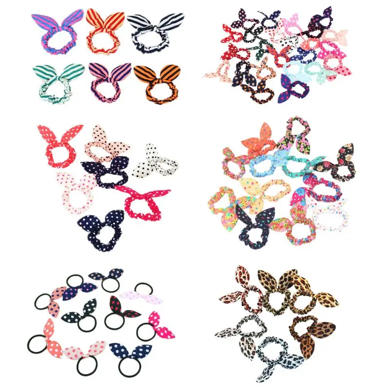 

Women Girls Colorful Printing Rubber Band Cute Rabbit Ears Bowknot Polka Dot