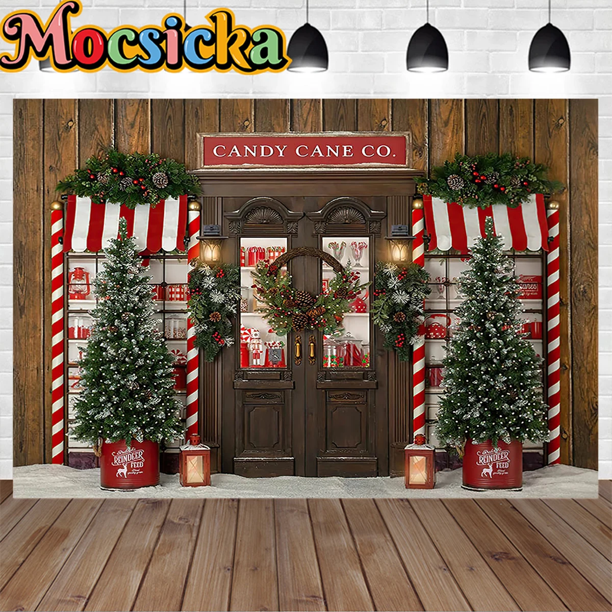 

Christmas Candy Cane Gift Shop Background Children Portrait Wooden Photobooth Backdrop Xmas Tree Door Garland Decor Studio Photo