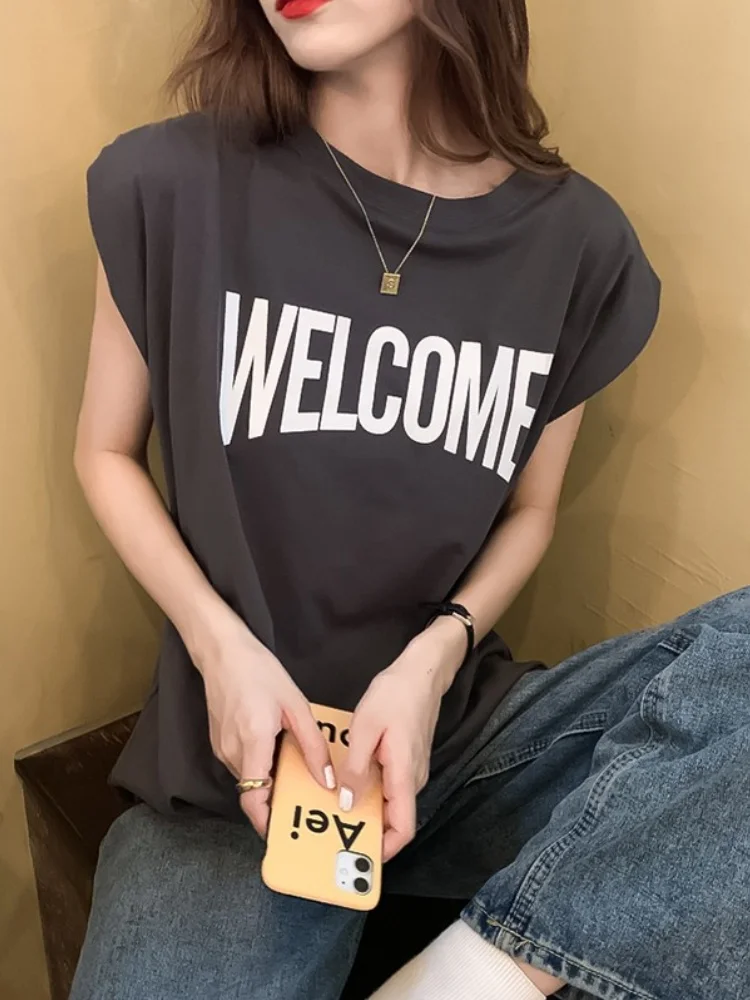 Серая футболка без рукавов из чистого хлопка Fat Sister женская летняя 2024 новый