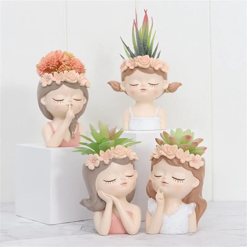 Kawaii Girl Flower Pots Creative DIY Resin Vase Sculpture Female Head Mini Landscape Potted For Home Desktop Garden Decoration