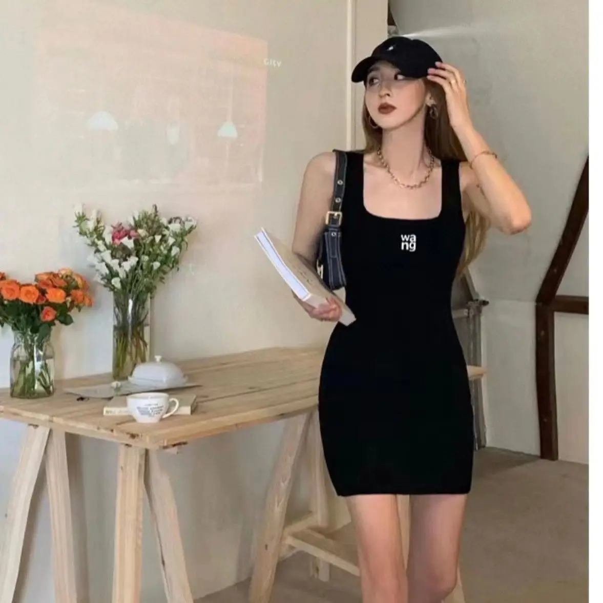 

2023 latest fashion high quality wang collar suspender skirt knitted dress slim sexy solid color hip skirt female